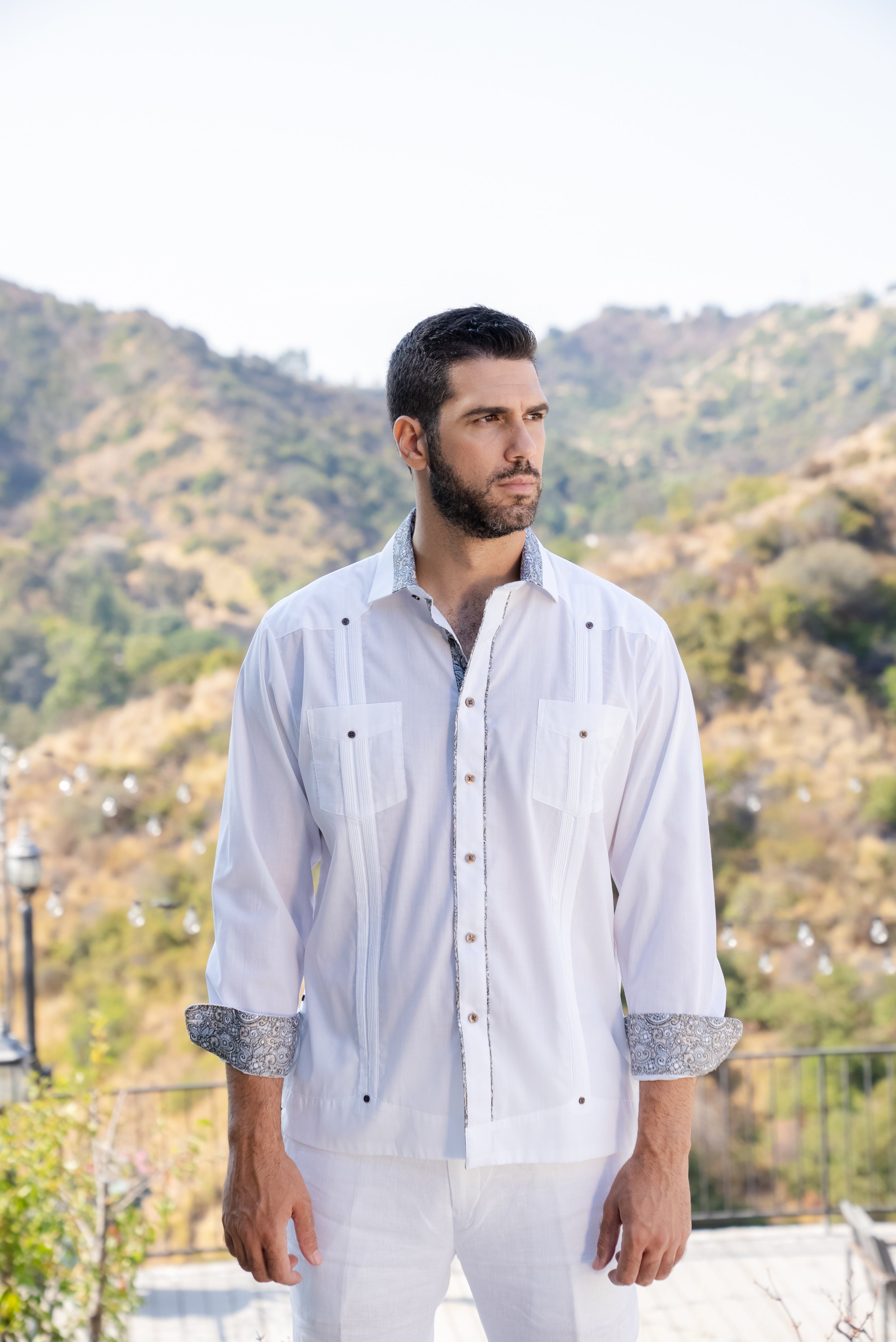 Men's Guayabera Chacabana Shirt Cotton Blend Long Sleeve with Contrast Accent Trim