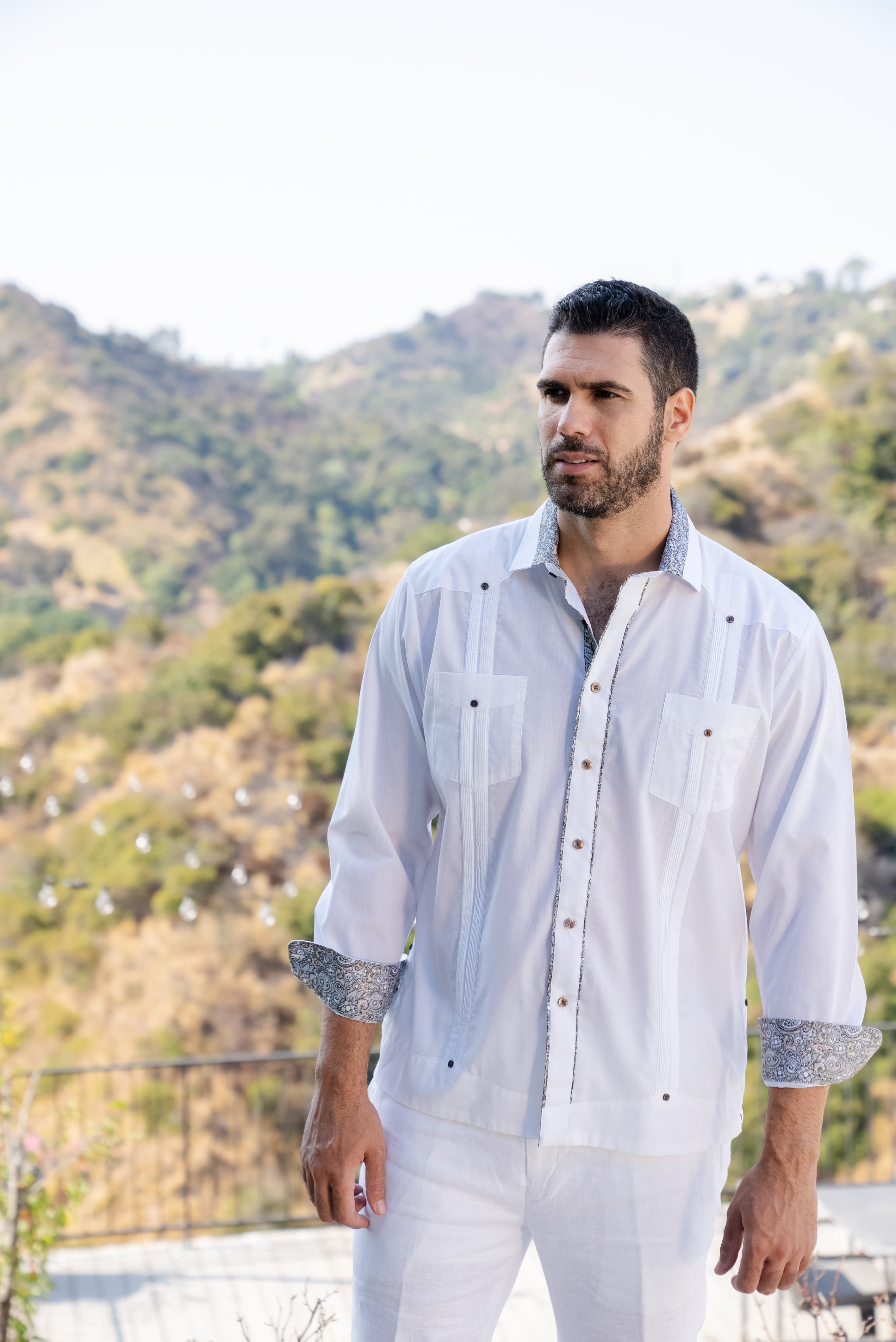 Men's Guayabera Chacabana Shirt Cotton Blend Long Sleeve with Contrast Accent Trim