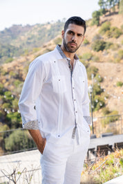 Men's Guayabera Chacabana Shirt Cotton Blend Long Sleeve with Contrast Accent Trim