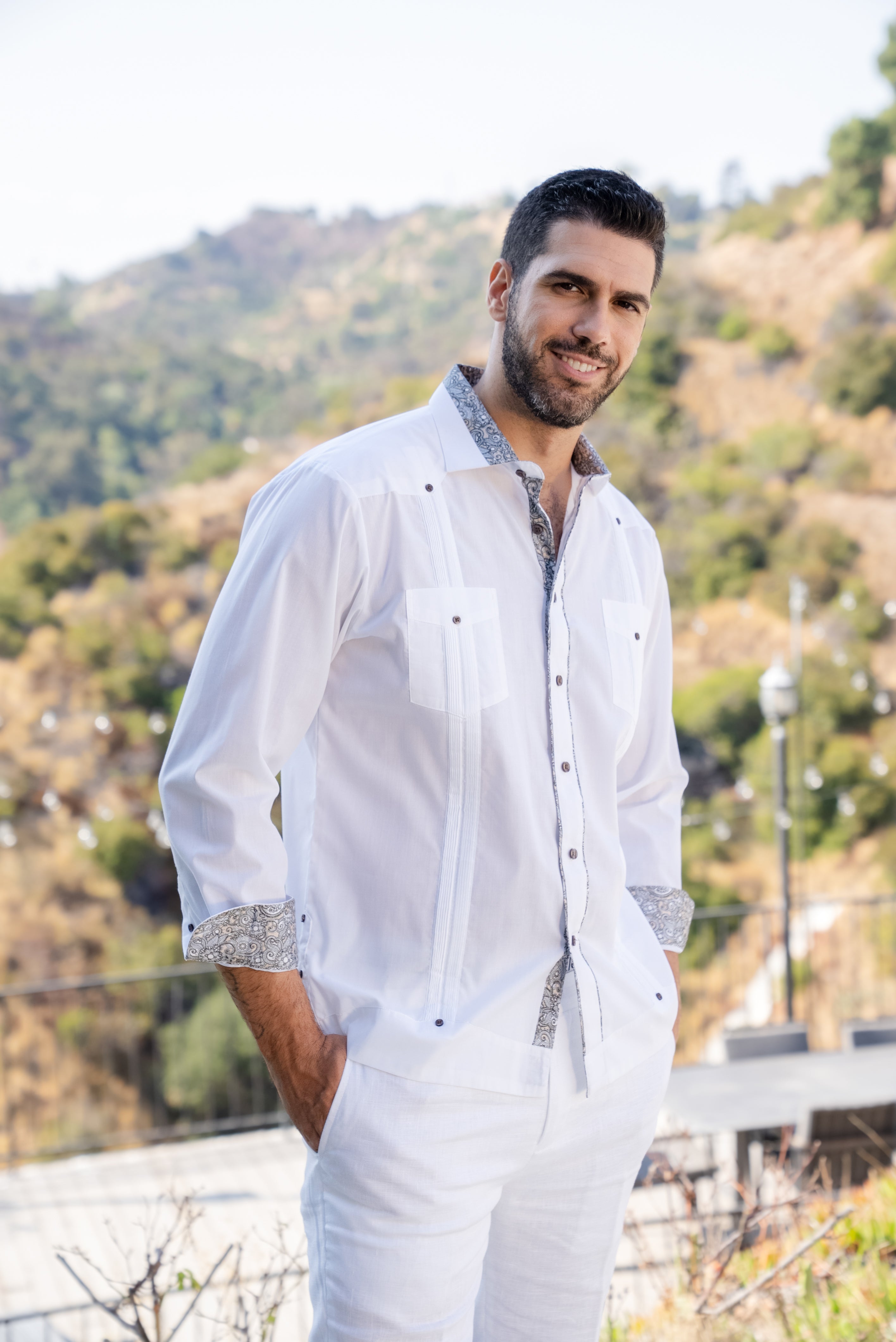 Men's Guayabera Chacabana Shirt Cotton Blend Long Sleeve with Contrast Accent Trim