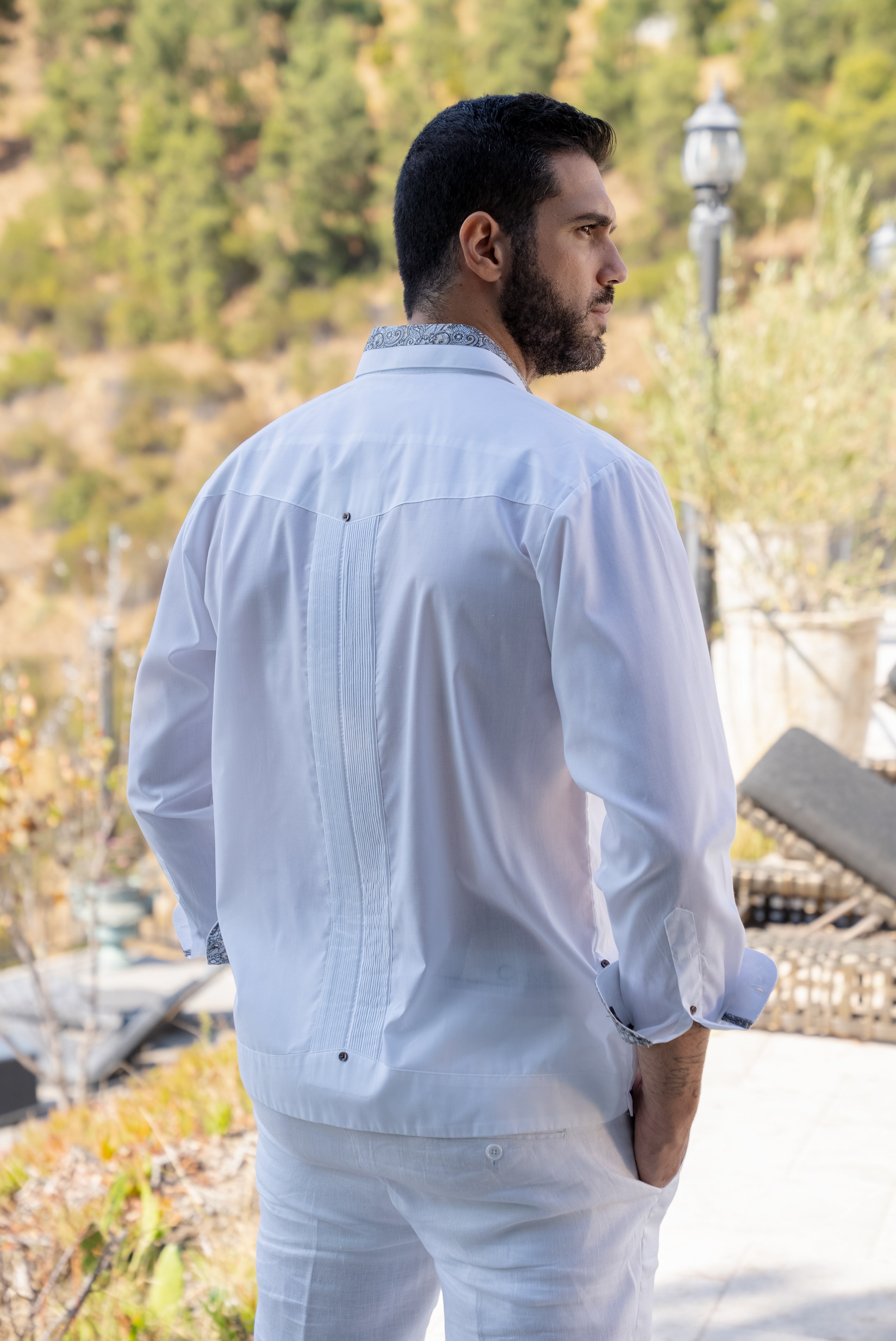Men's Guayabera Chacabana Shirt Cotton Blend Long Sleeve with Contrast Accent Trim