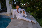Men's 100% Linen Resort Shirt Long Sleeve with Pin Tuck and Embroidery Accent