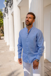 Camisa de hombre con cuello mandarín y raya diplomática, 100 % lino, manga larga, botones