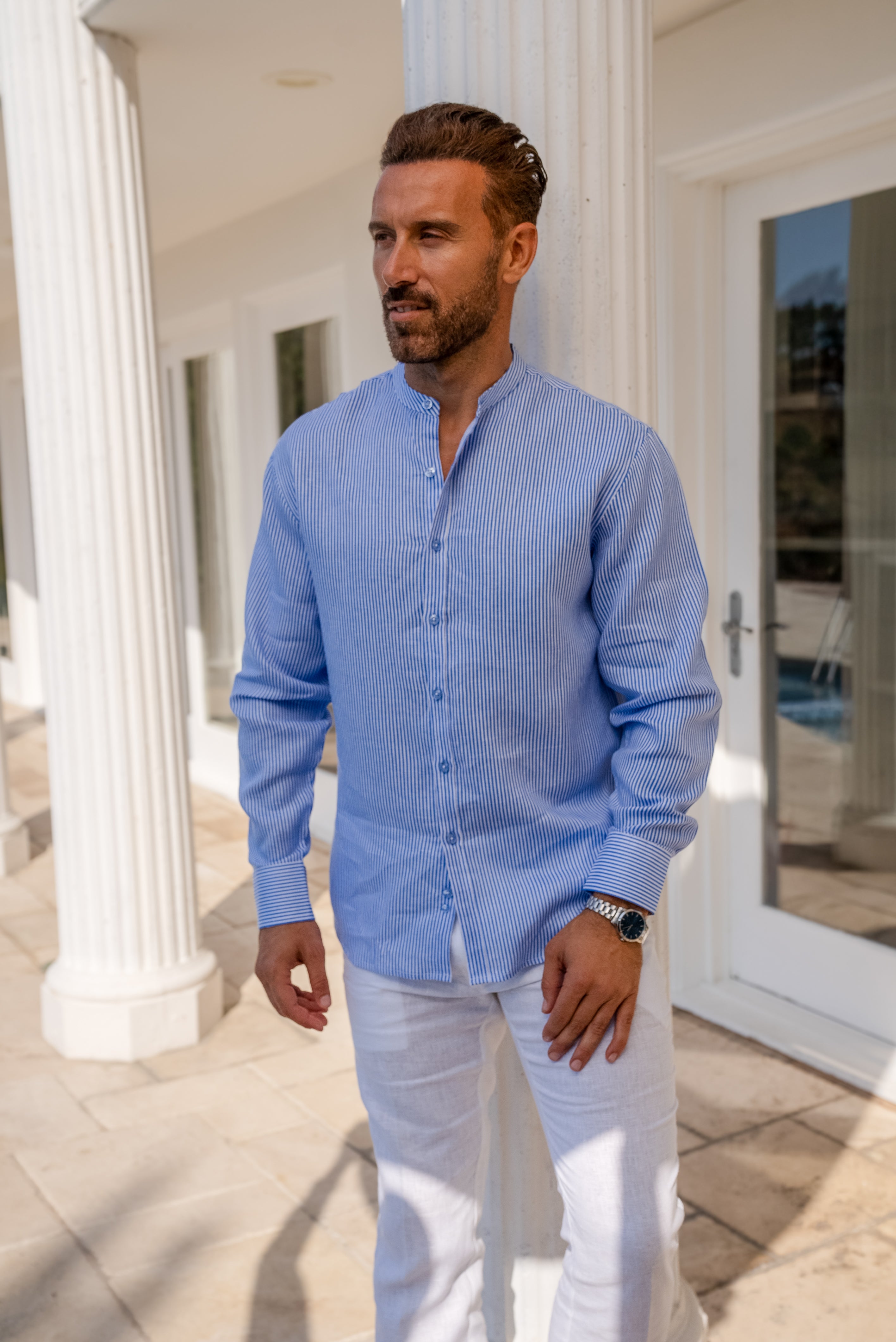Camisa de hombre con cuello mandarín y raya diplomática, 100 % lino, manga larga, botones