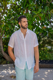 Mojito Men's Beach Button Down Shirt with Embroidered Contrast Trim Short Sleeve