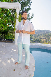 Mojito Men's Beach Button Down Shirt with Embroidered Contrast Trim Short Sleeve
