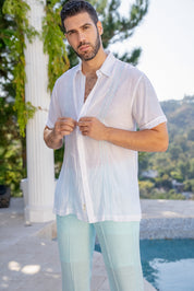 Mojito Men's Beach Button Down Shirt with Embroidered Contrast Trim Short Sleeve