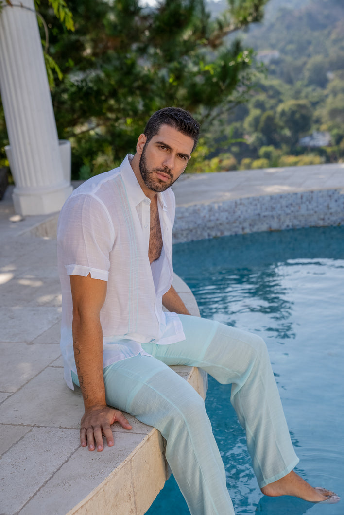 Mojito Men's Beach Button Down Shirt with Embroidered Contrast Trim Short Sleeve