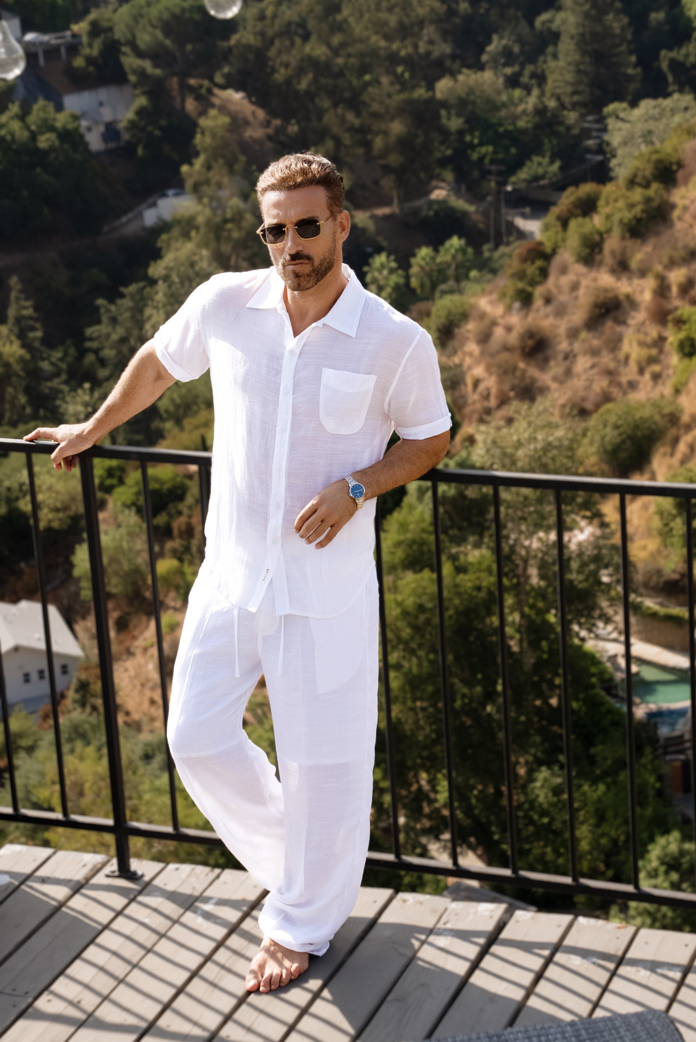 Camisa informal de playa de manga corta con botones para hombre