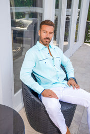 Mojito Men's 100% Linen Guayabera Chacabana Shirt Long Sleeve with Pop-Color Pocket Trim