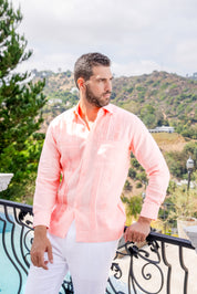 Camisa Guayabera Chacabana 100% Lino para Hombre, Manga Larga, con Bordado y Detalle de Pinzas