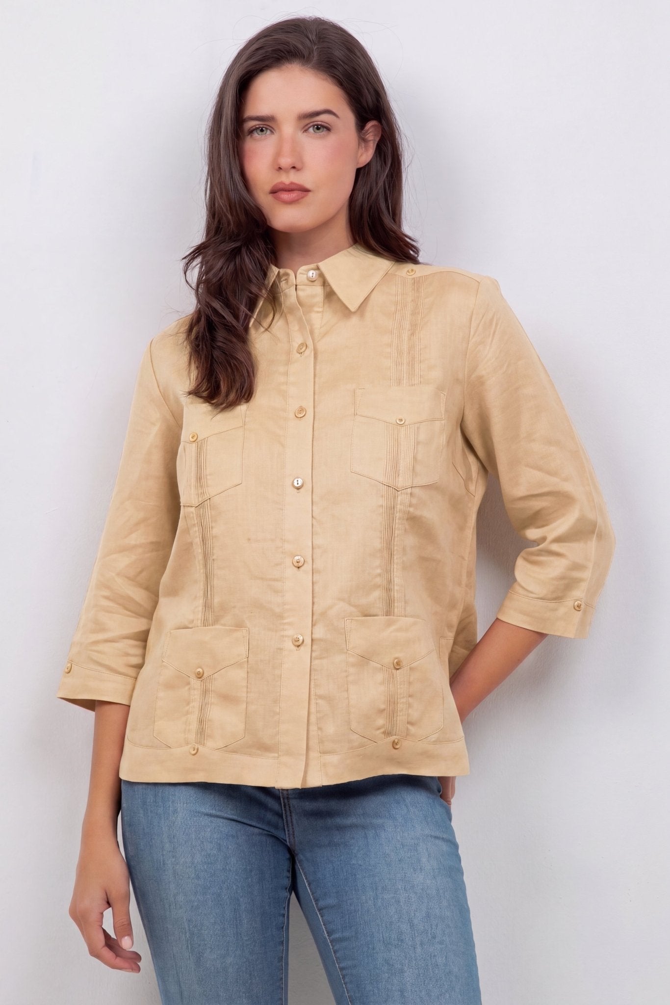 Guayabera de lino para mujer, manga 3/4, 4 bolsillos, estilo cubano