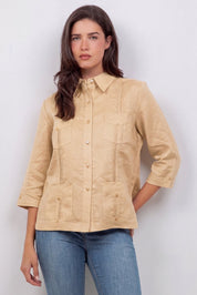 Guayabera de lino para mujer, manga 3/4, 4 bolsillos, estilo cubano