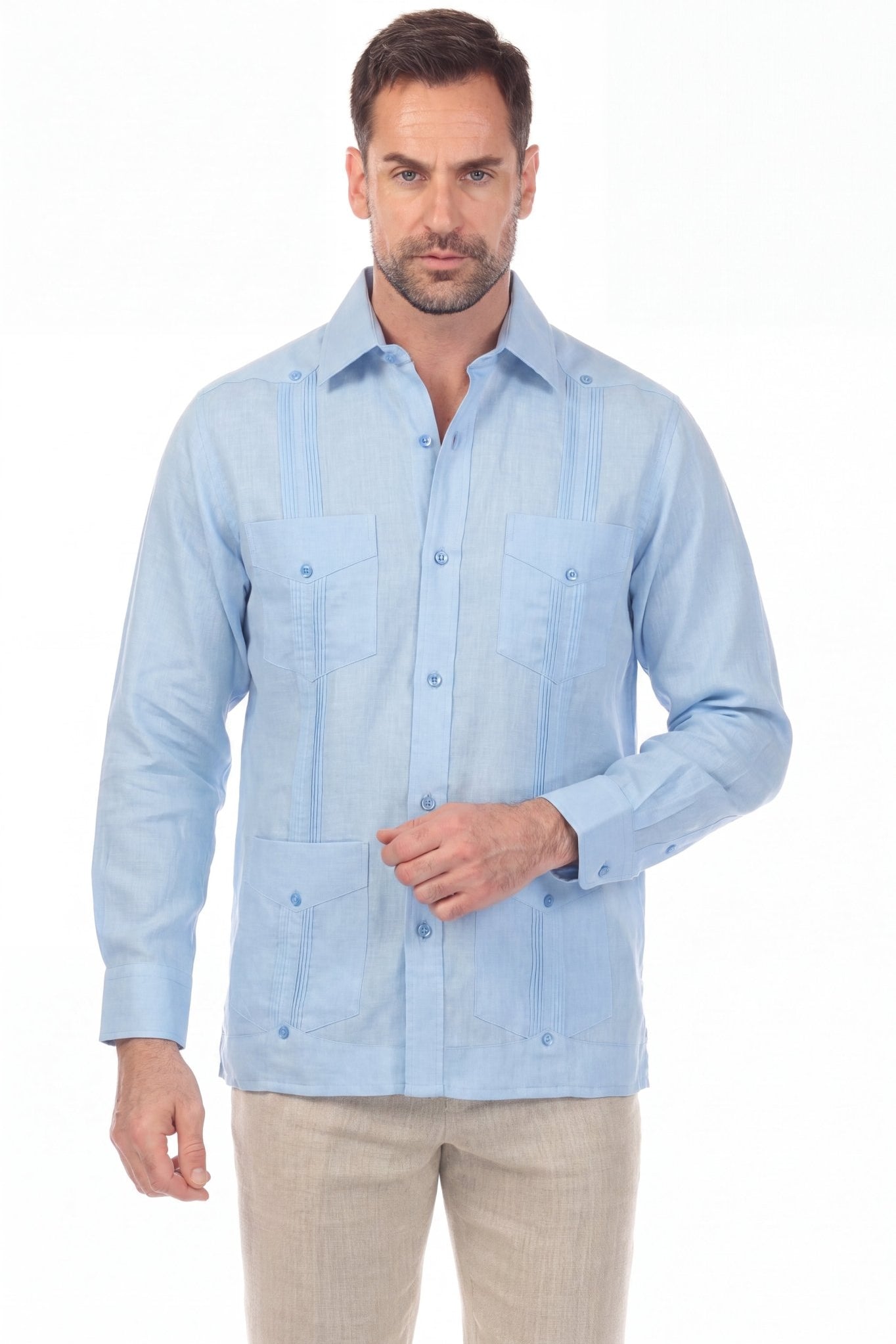 100% Irish Linen Four Pocket Guayabera Shirt Long Sleeve