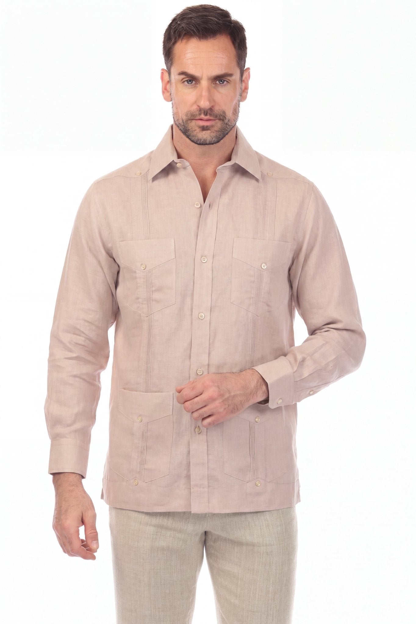 100% Irish Linen Four Pocket Guayabera Shirt Long Sleeve