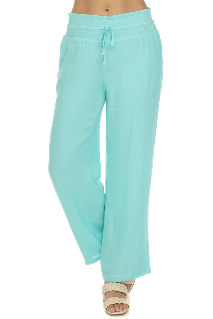 Front view of Ladies Smocked Waist Drawstring Palazzo Pants in white, with smocked waist detail.