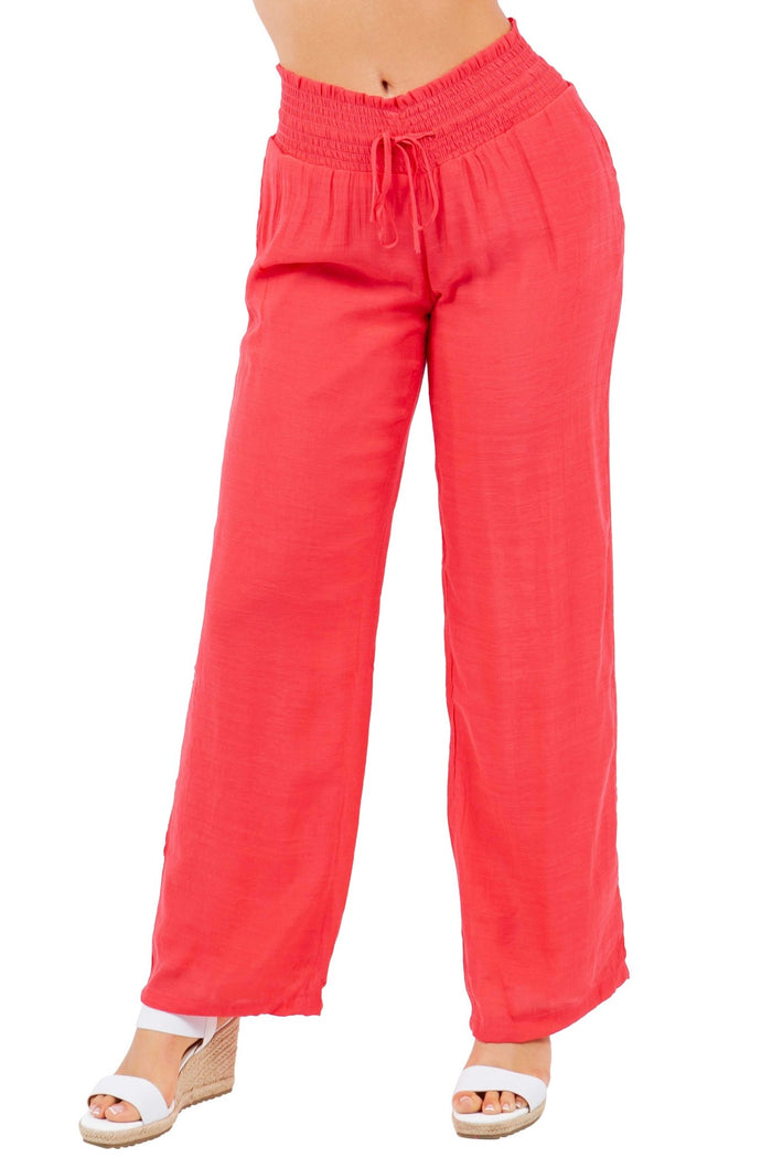 Front view of Ladies Smocked Waist Drawstring Palazzo Pants in white, with smocked waist detail.