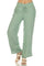 Front view of Ladies Smocked Waist Drawstring Palazzo Pants in light green with woven sandals.