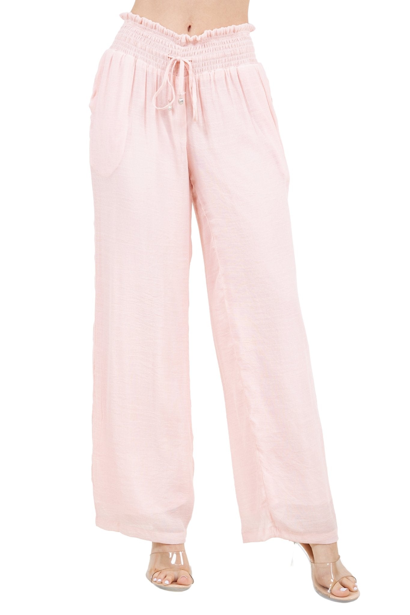 Front view of light pink Ladies Smocked Waist Drawstring Palazzo Pants, showing the smocked waist and wide leg.