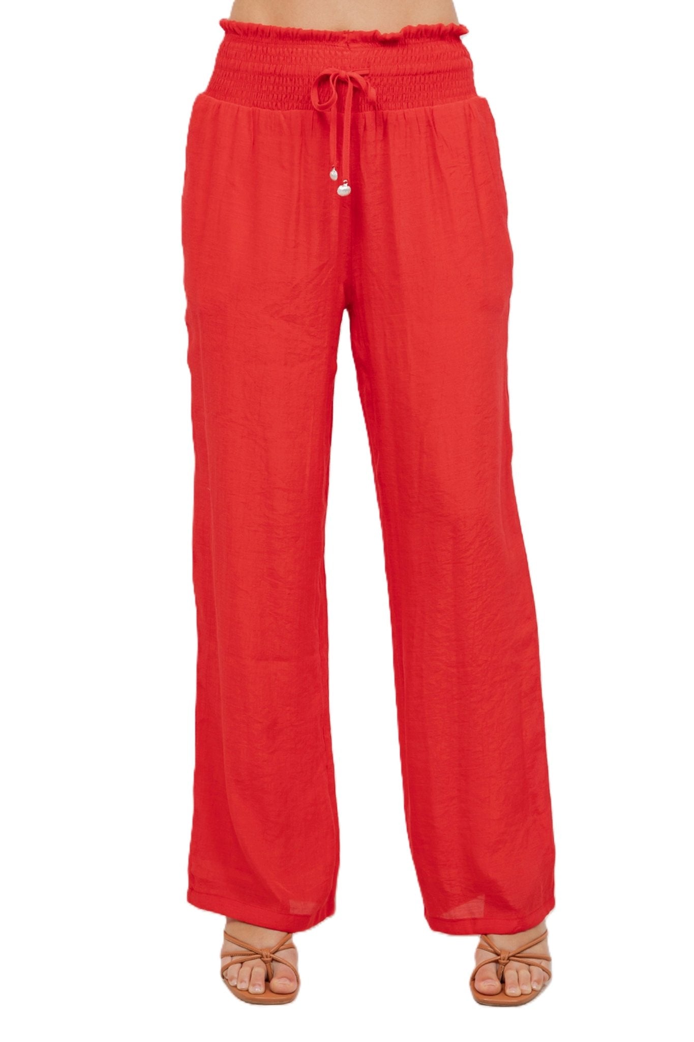 Pantalón Palazzo con cordón y cintura fruncida para mujer, ropa informal de resort