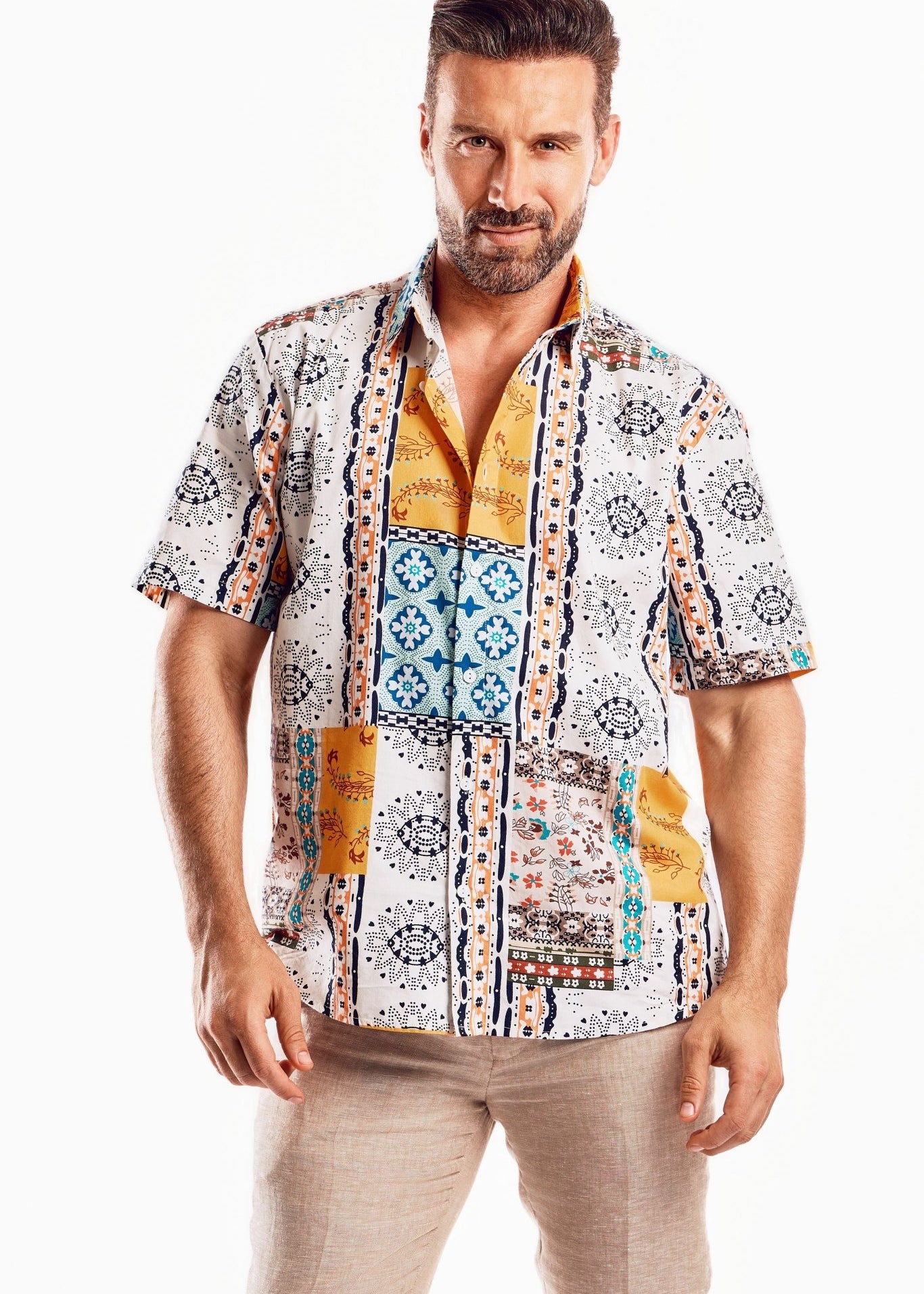 Men's Short Sleeve Multi-Color Retro Boho Print Shirt