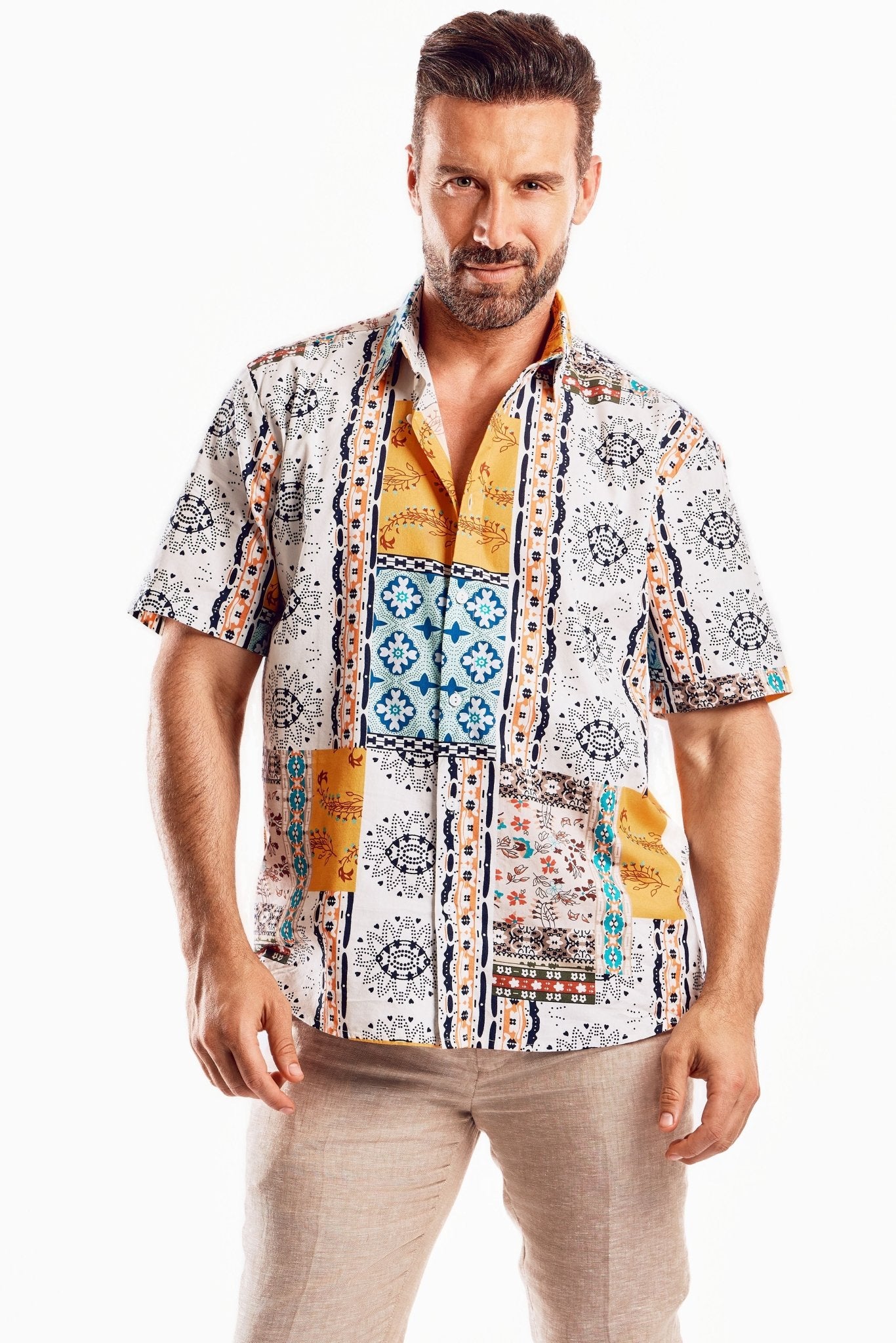 Men's Short Sleeve Multi-Color Retro Boho Print Shirt