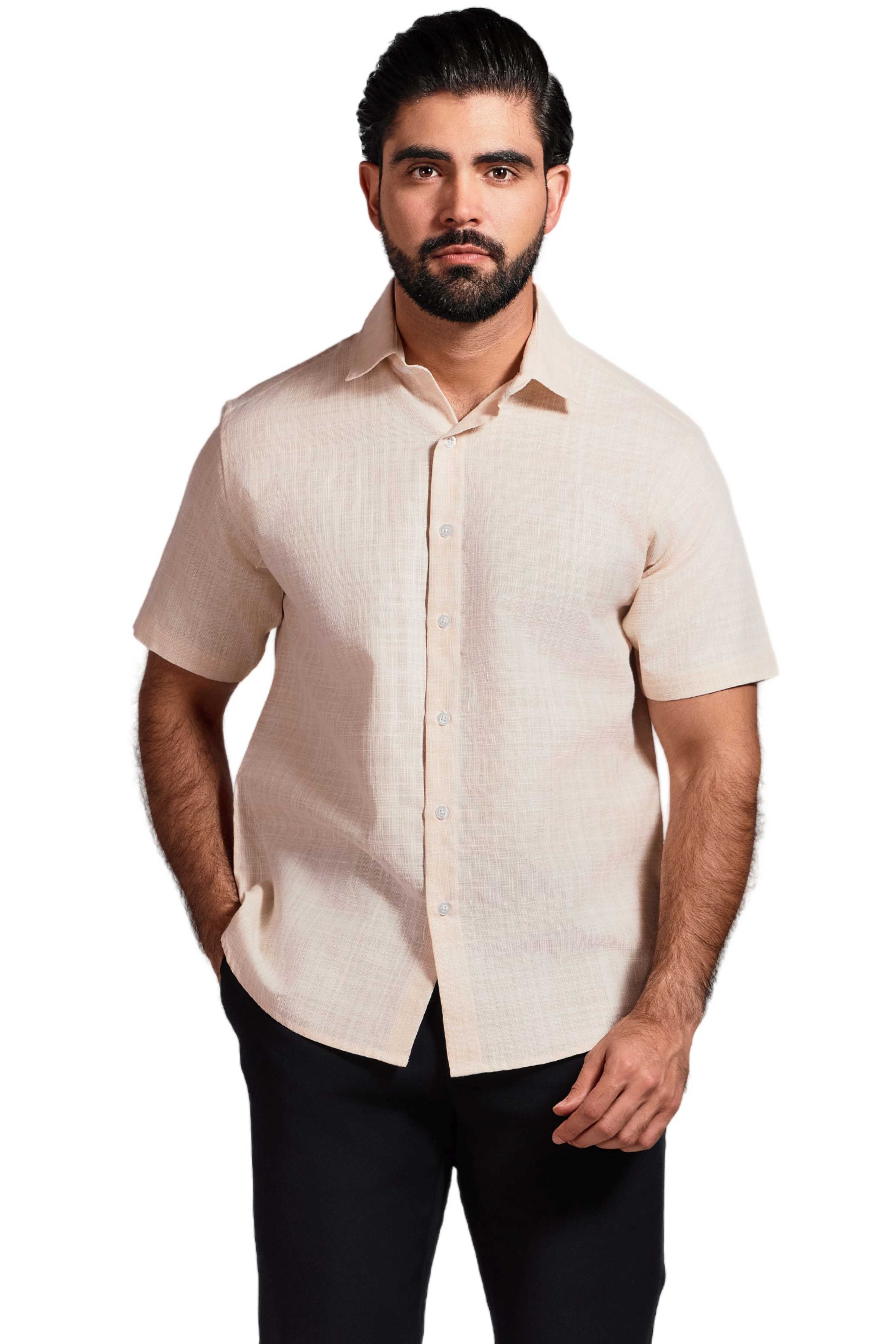 Camisa de manga corta de mezcla de lino con trama cruzada
