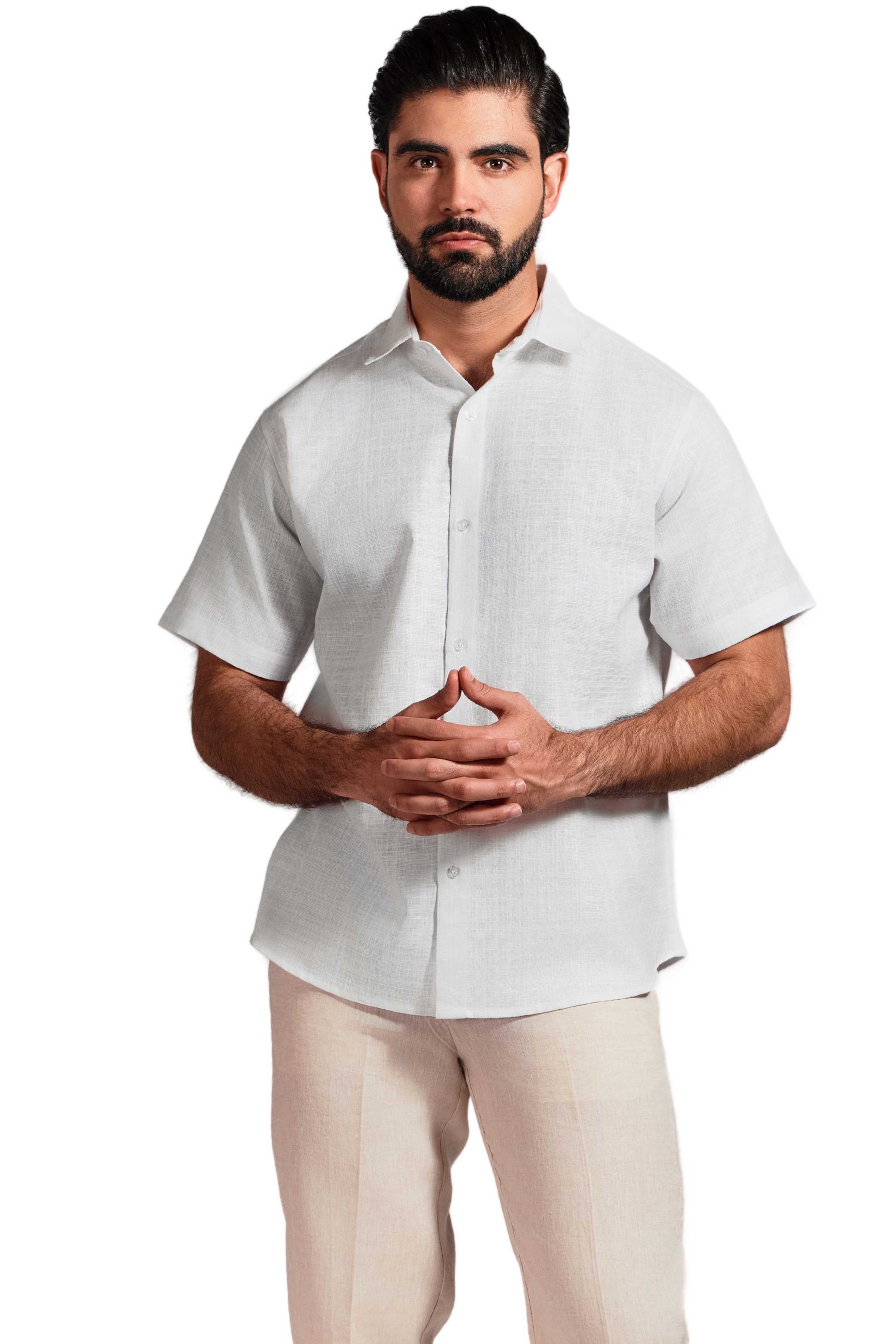 Camisa de manga corta de mezcla de lino con trama cruzada
