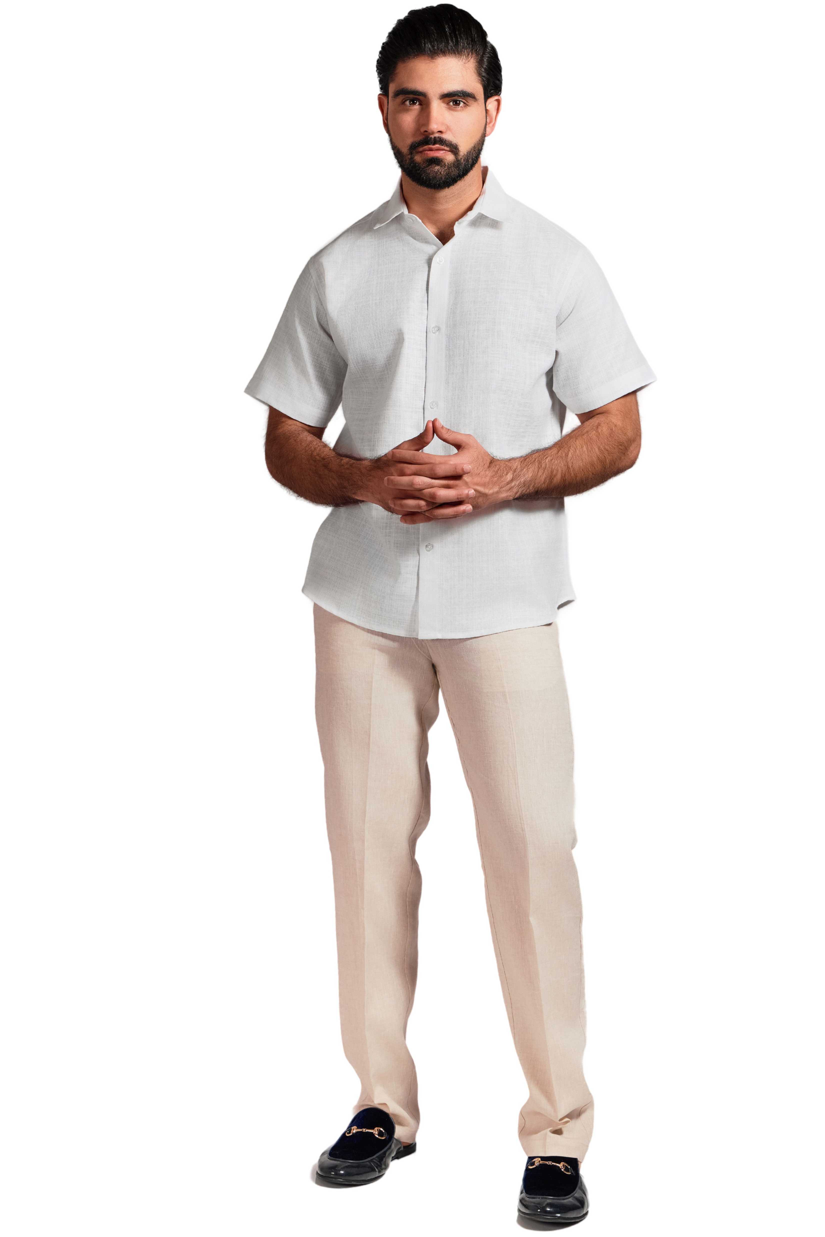 Camisa de manga corta de mezcla de lino con trama cruzada