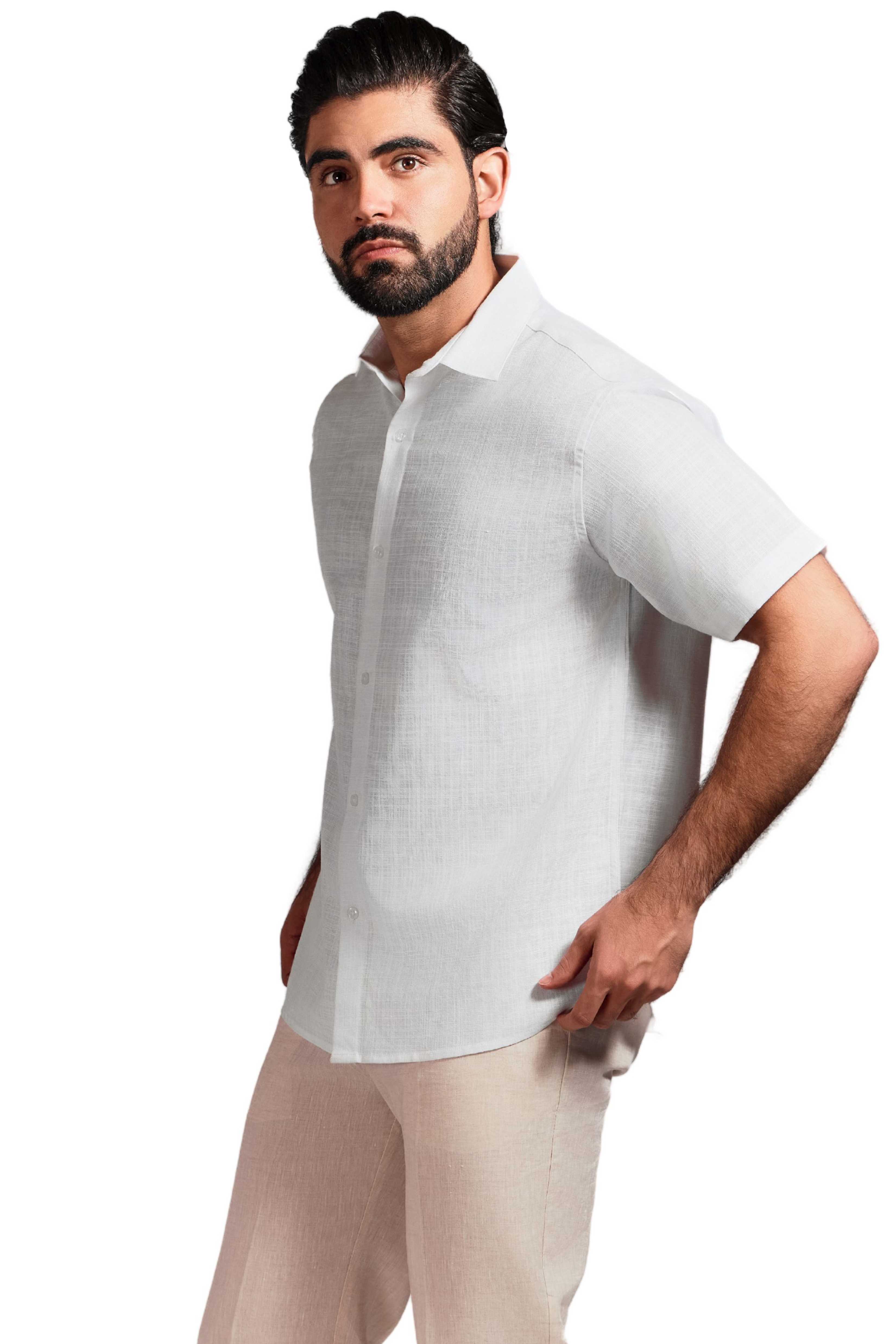 Camisa de manga corta de mezcla de lino con trama cruzada