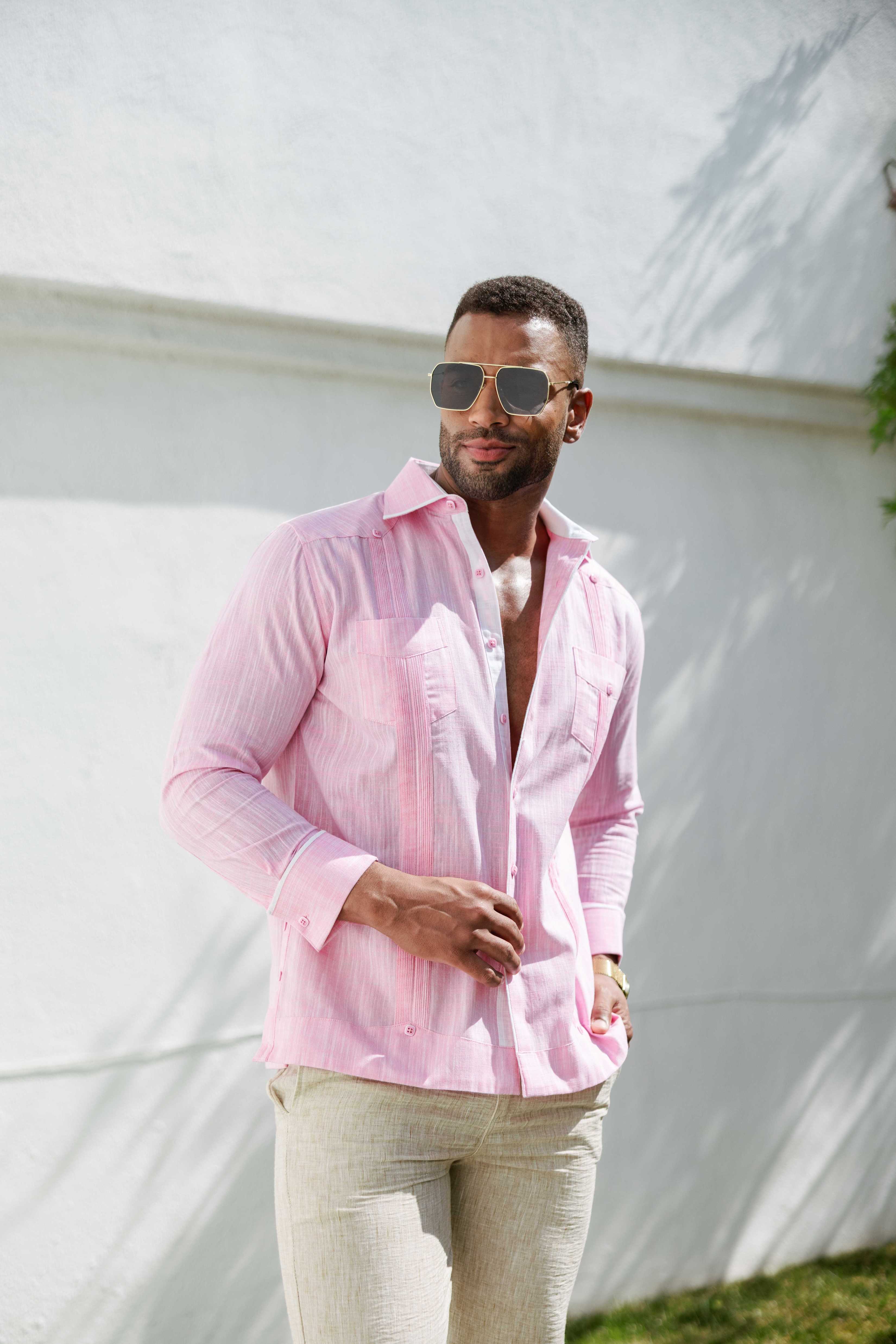 Mojito Men's Cotton Blend Guayabera Chacabana Shirt Long Sleeve with Accent Trim
