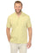 Front view of a man wearing a yellow Menâ€™s Retro Cuban Shirt with pleating and one pocket.