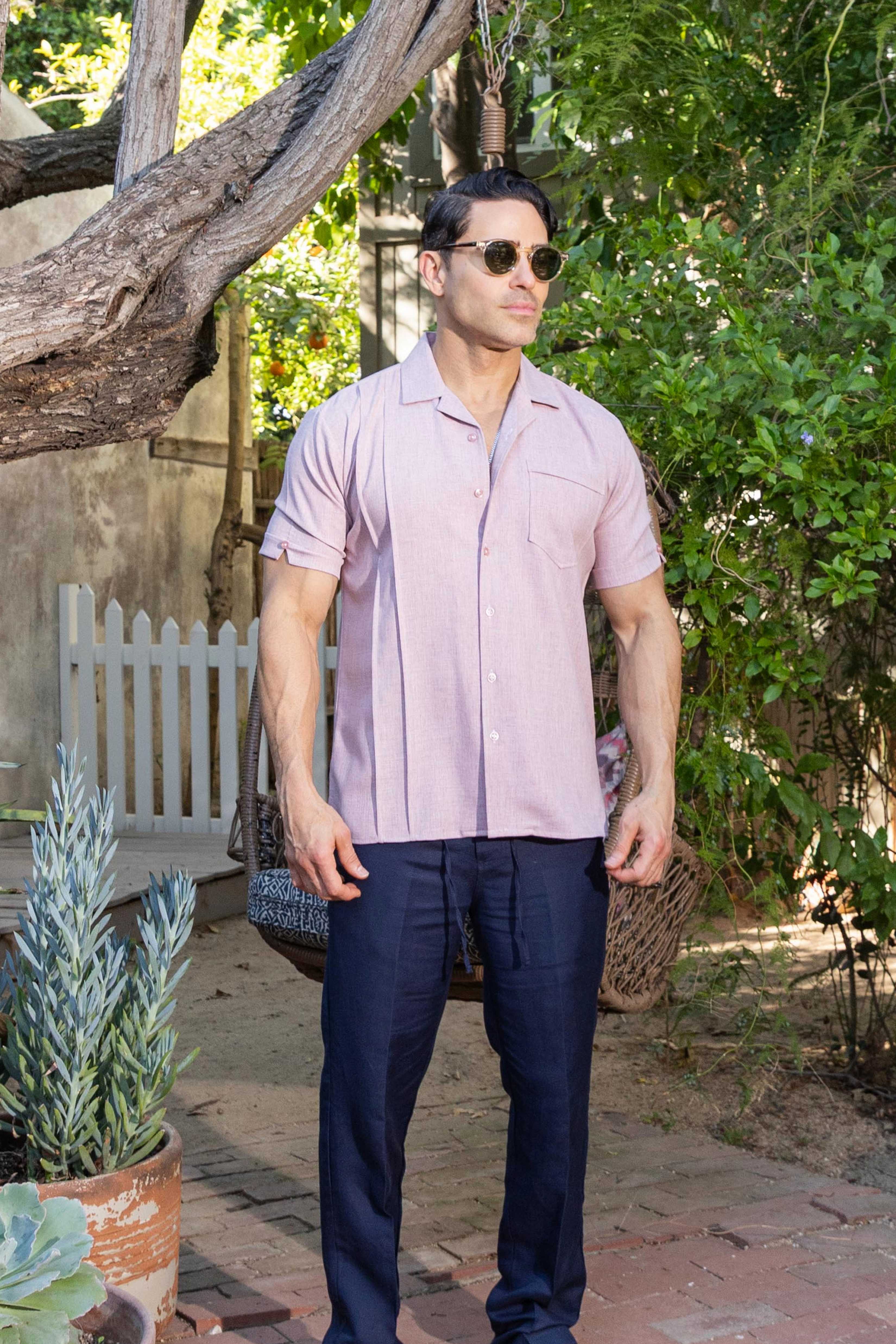Men's Classic One Pocket Retro Cuban Shirt with Pleating