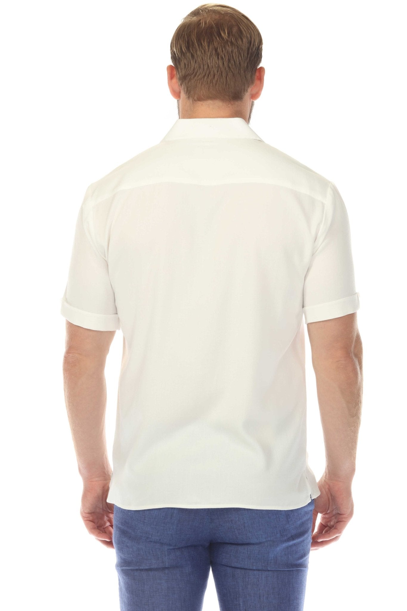 Back view of a person wearing a white Menâ€™s Retro Cuban Shirt, showing the pleating and short sleeves.