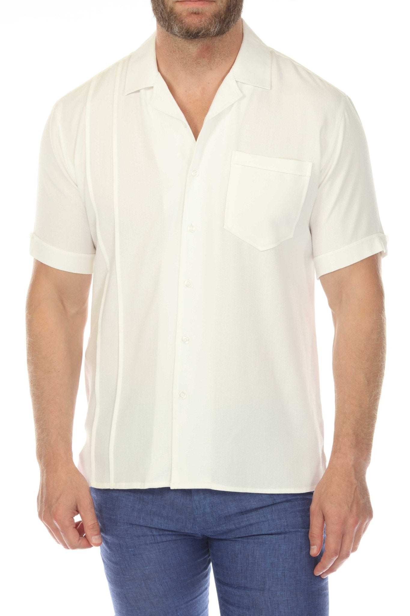 Front view of a man wearing a white Menâ€™s Retro Cuban Shirt with short sleeves, pleating, and a chest pocket.