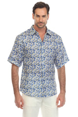 Men's Casual Print 100% Linen Shirt Short Sleeve Button Down