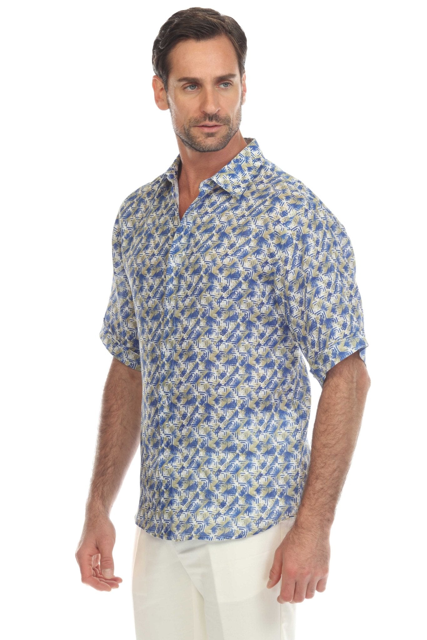 Men's Casual Print 100% Linen Shirt Short Sleeve Button Down