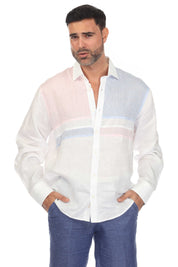 Camisa informal de lino 100 % con diseño de bloques multicolor y manga larga