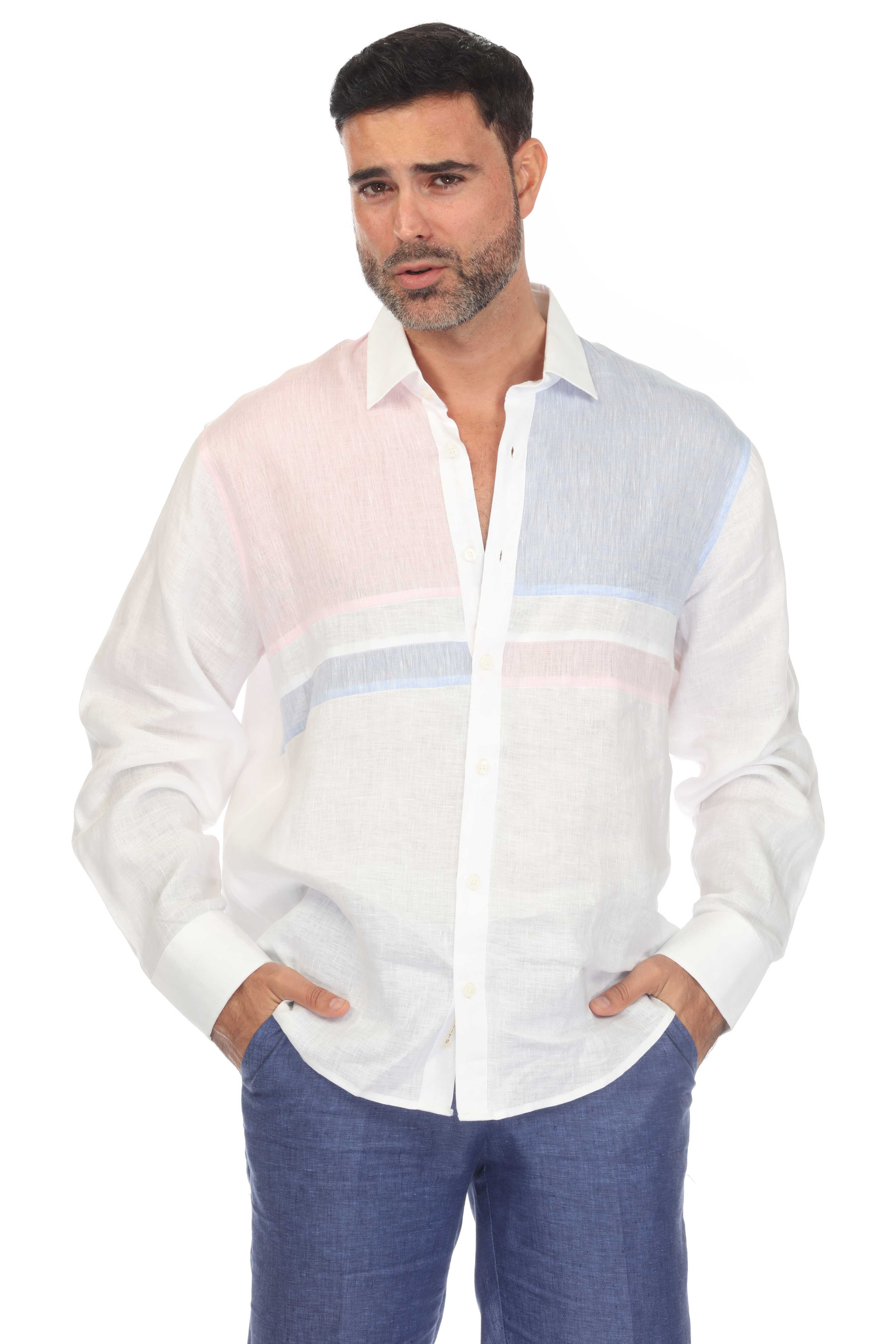 Camisa informal de lino 100 % con diseño de bloques multicolor y manga larga
