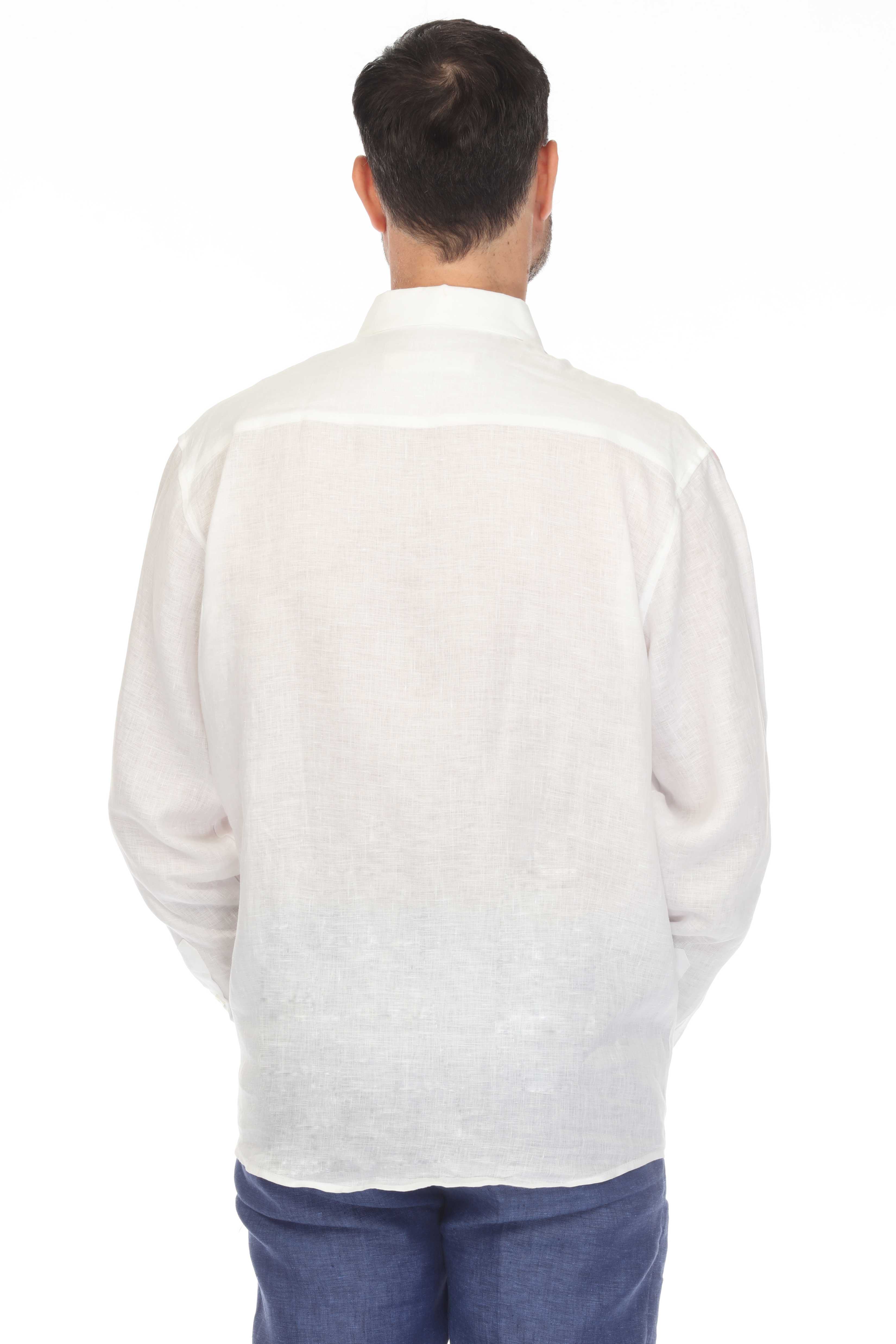 Men's 100% Linen White Shirt with Pastel Blue & Pink Accents