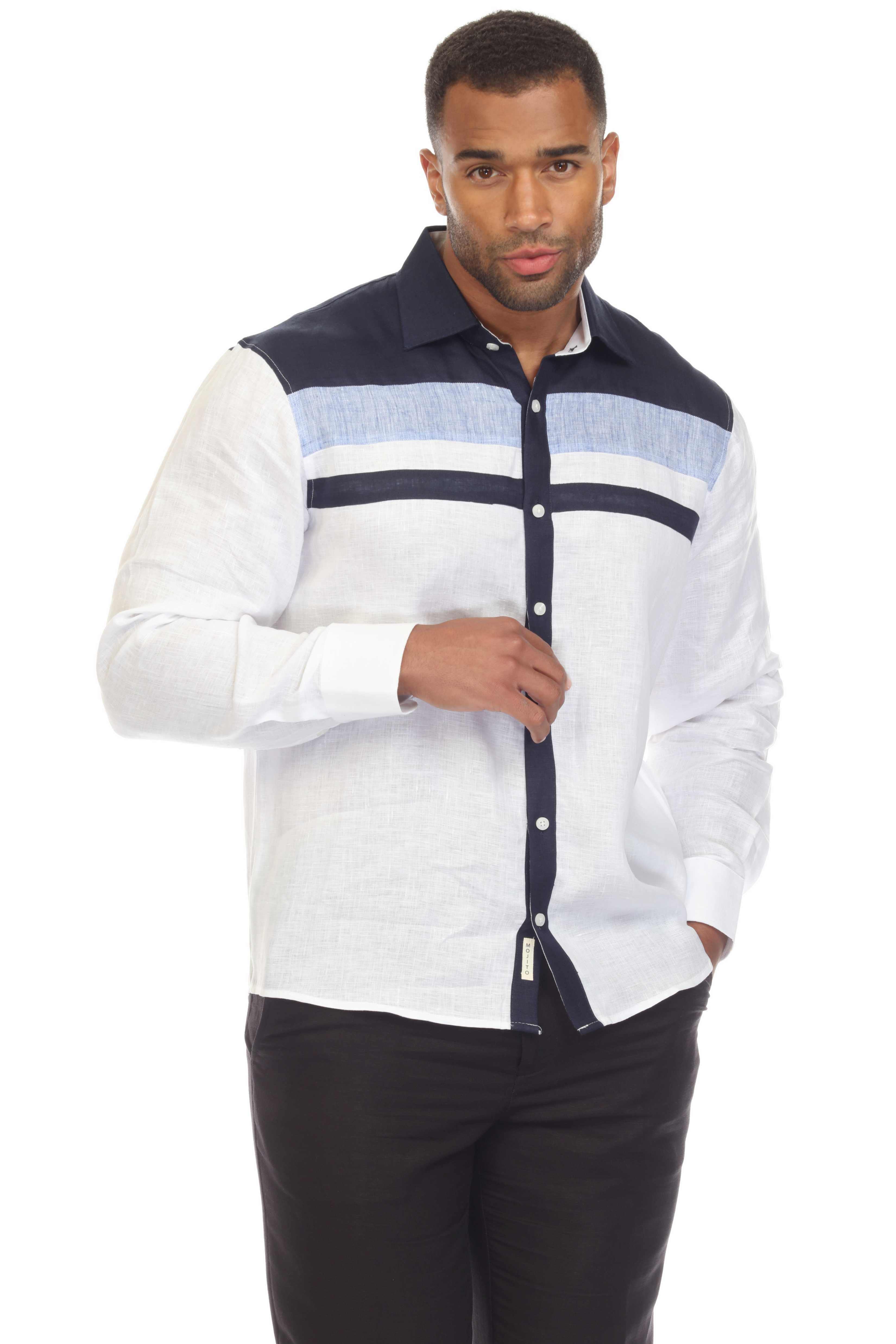 Camisa informal de lino 100 % de corte entallado y manga larga con diseño de bloques multicolor