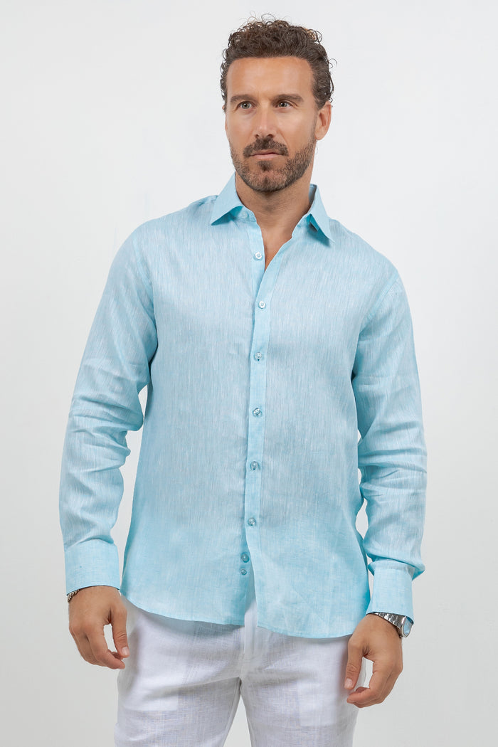 Men's bright white linen button-down shirt, long sleeve, resort wear shirt, Mojito Collection