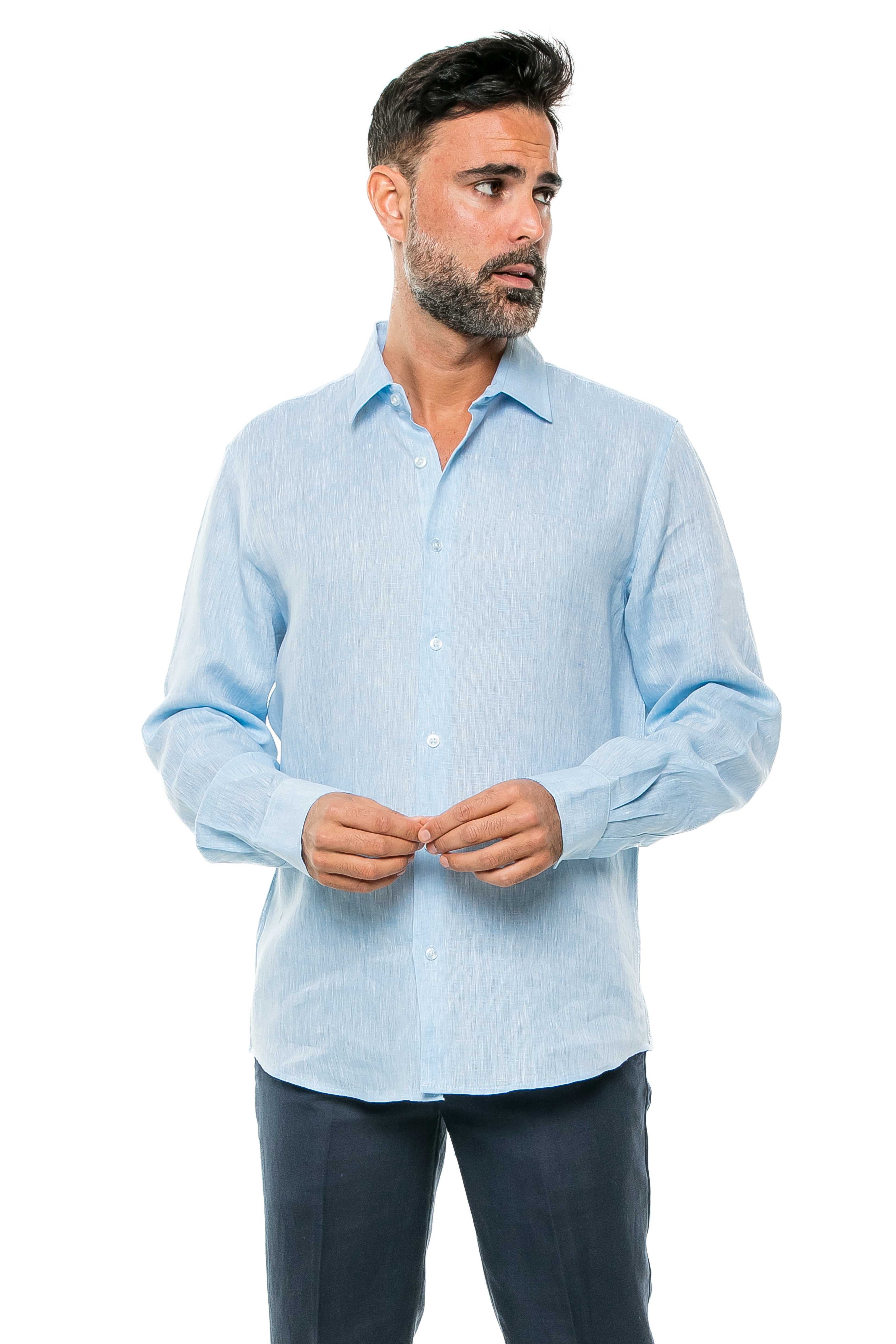 Camisa clásica informal estilo resort, 100 % lino teñido en hilo
