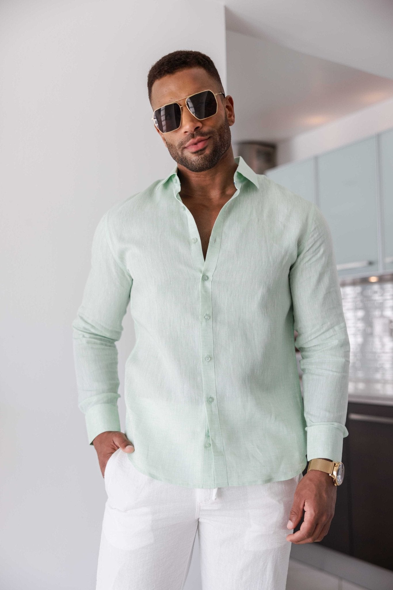 Men's 100% Linen Long Sleeve Button-Down Shirt