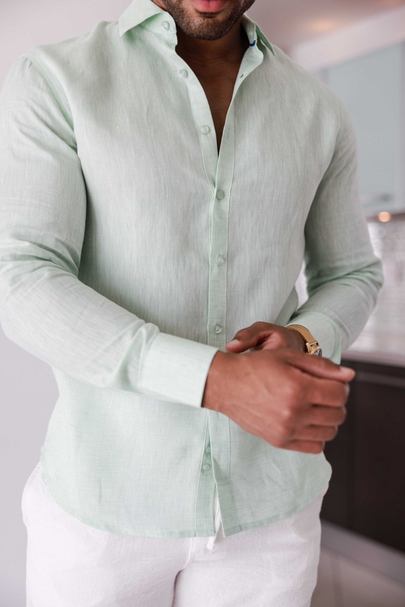 Men's 100% Linen Long Sleeve Button-Down Shirt