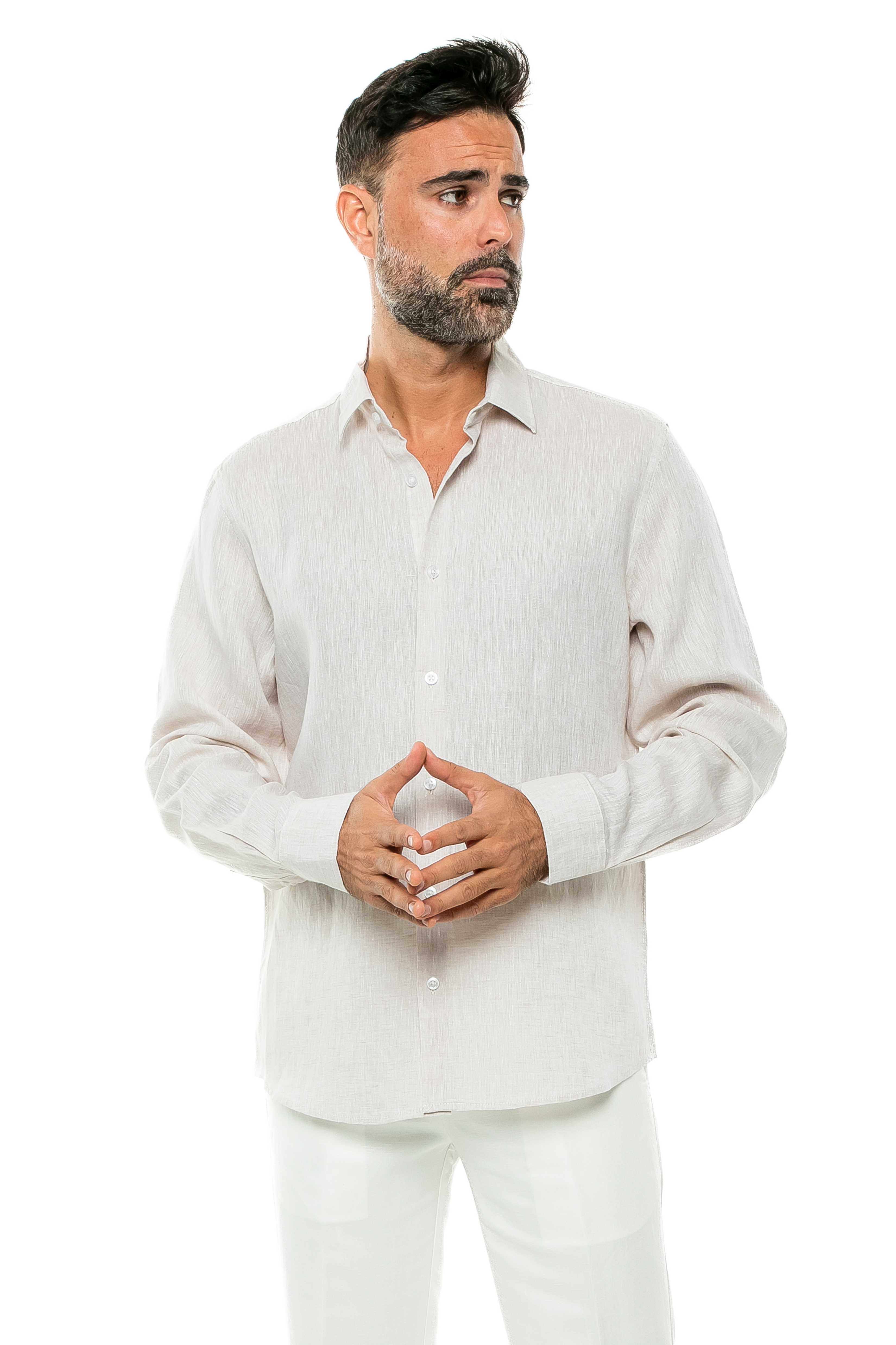 Camisa clásica informal estilo resort, 100 % lino teñido en hilo