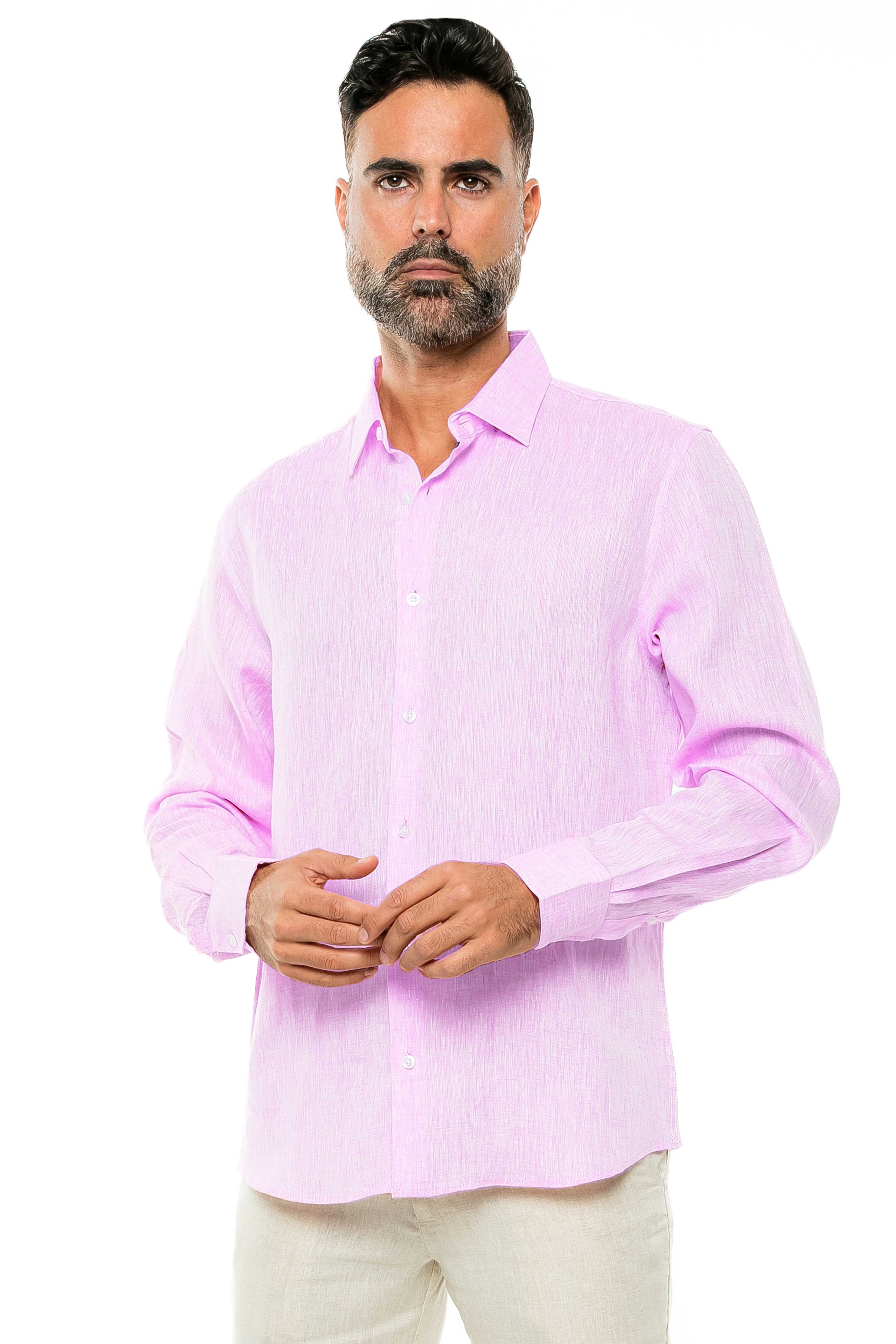 Camisa clásica informal estilo resort, 100 % lino teñido en hilo