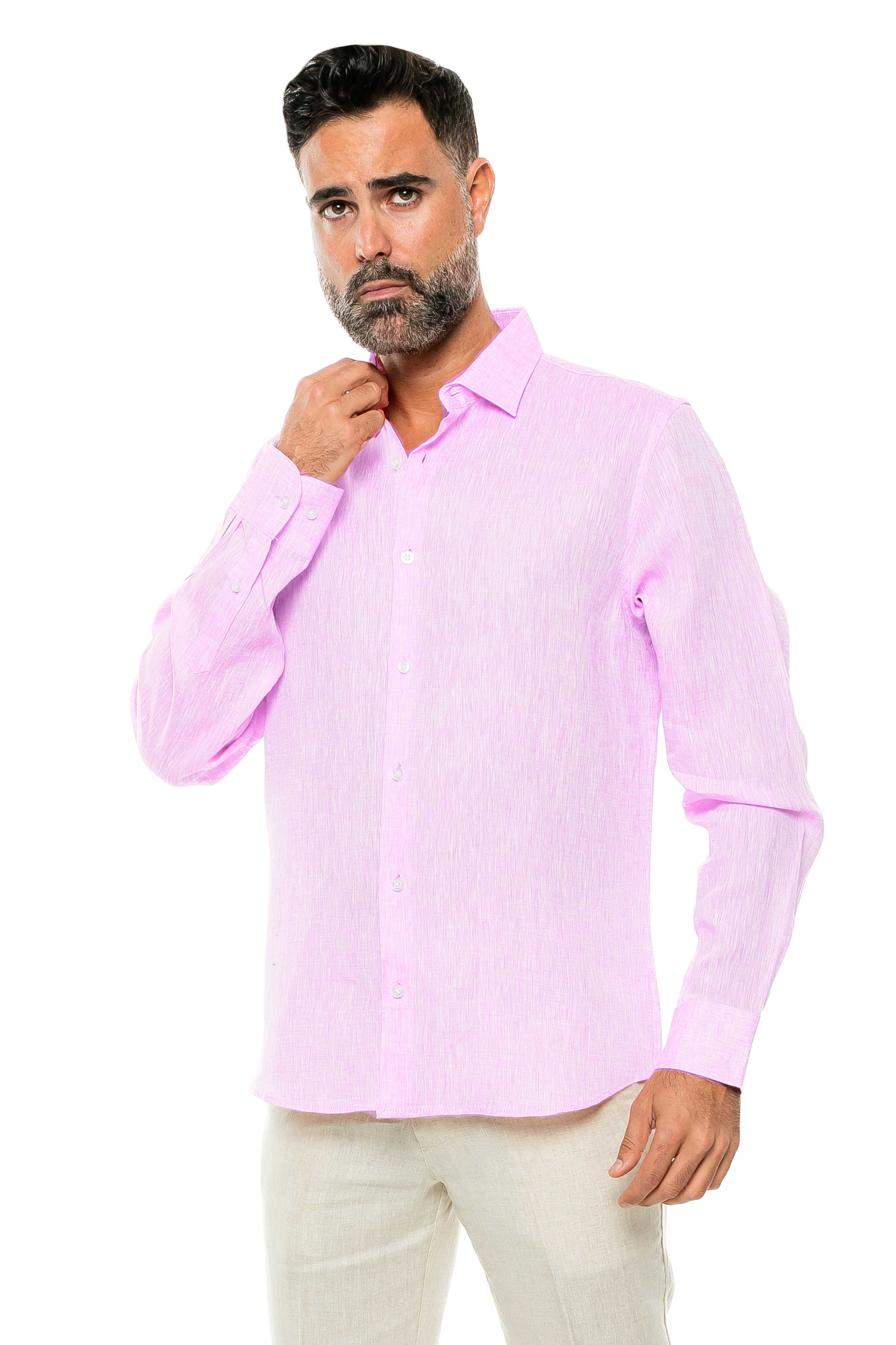 Camisa clásica informal estilo resort, 100 % lino teñido en hilo