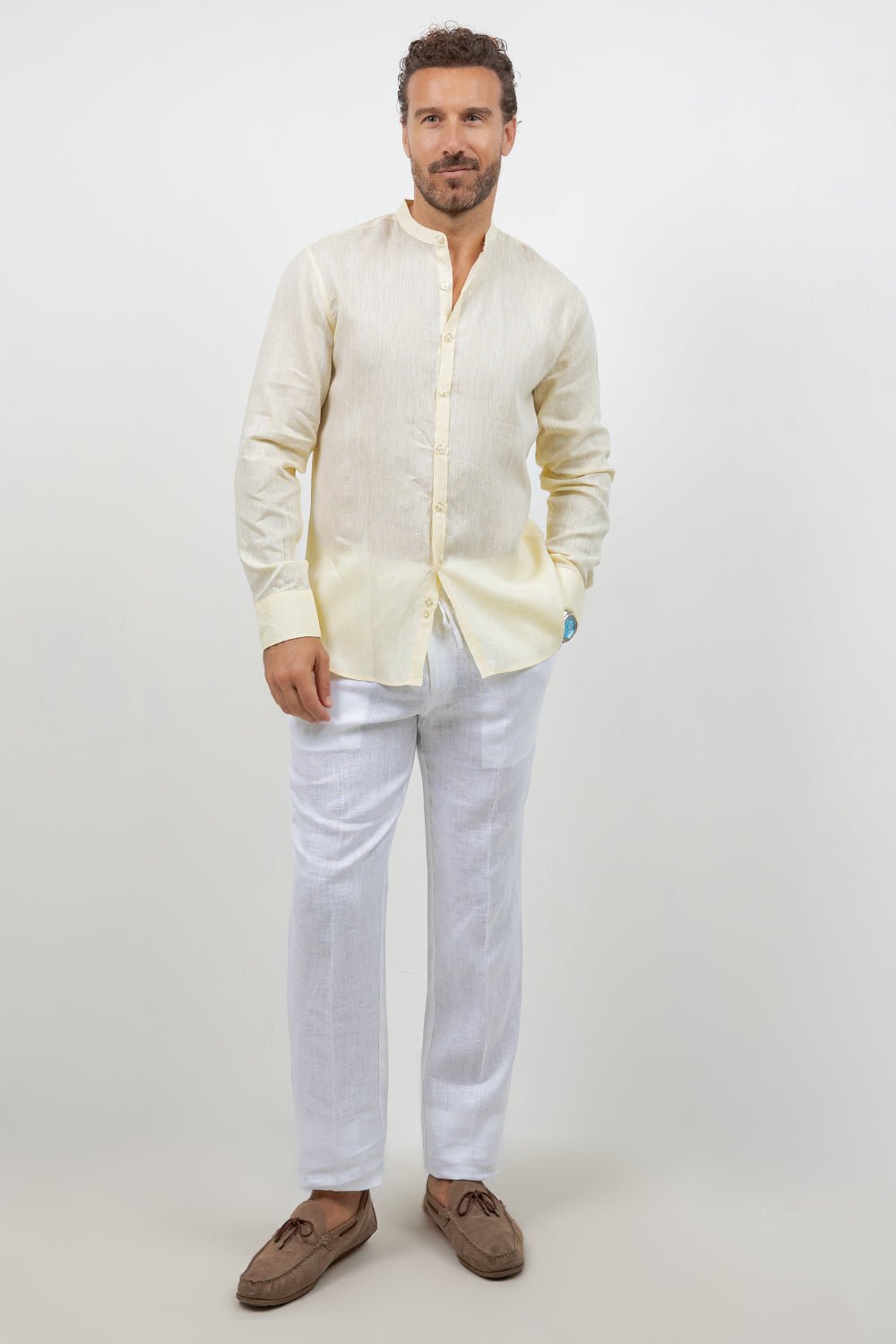 Camisa 100% lino de manga larga con cuello mao