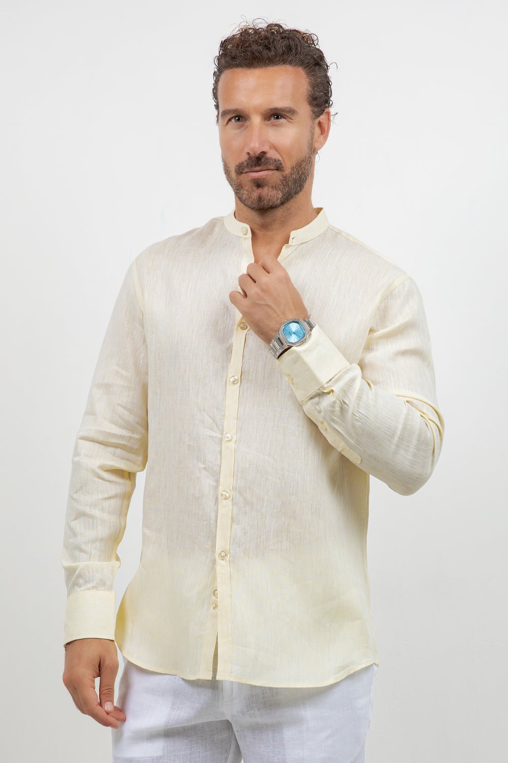 Camisa 100% lino de manga larga con cuello mao